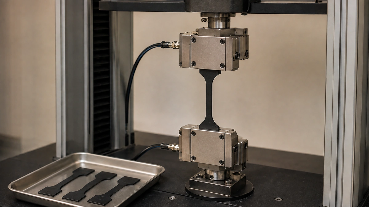 Rubber tensile test specimen held between opposing grips in a laboratory testing frame.
