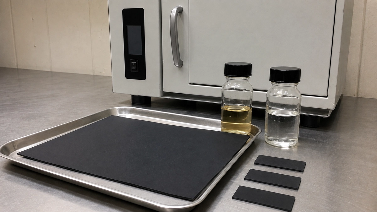 Black rubber sheet samples beside sealed fluid bottles and laboratory temperature-control equipment.
