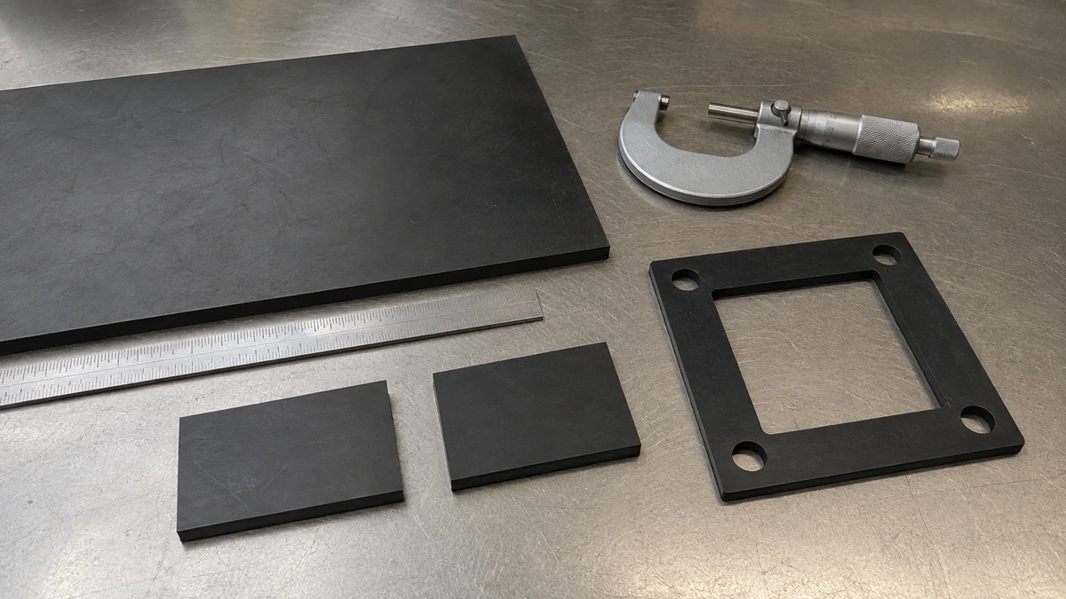 Black rubber sheet and cut gasket parts arranged with dimensional inspection tools.
