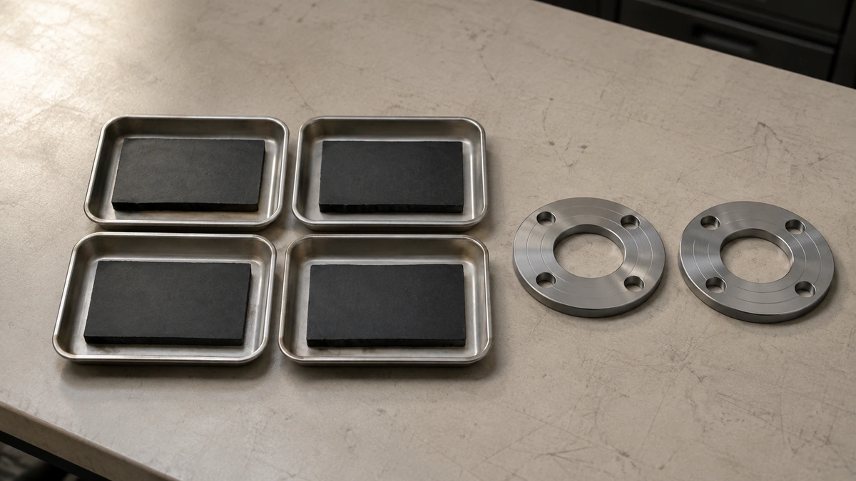 Rubber sheet samples arranged for comparison beside a metal flange assembly.
